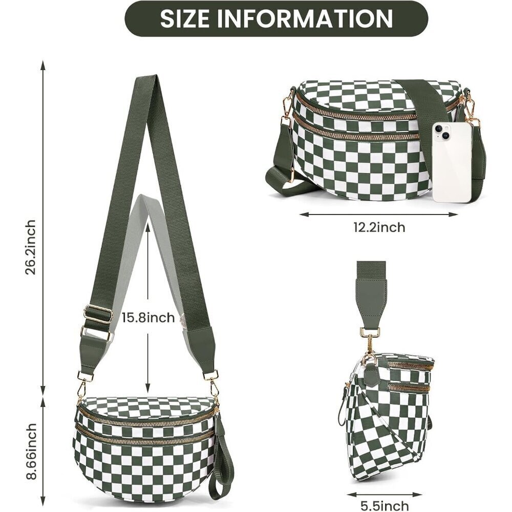 Checkered Nylon Crossbody Bag for Women Adjustable Strap Waterproof - Picture 3 of 7